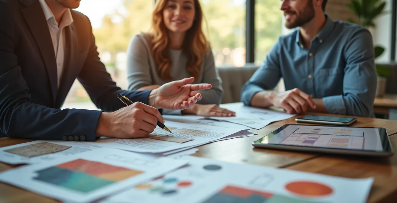 Rencontre professionnelle entre un expert et des clients discutant d'un projet de porte