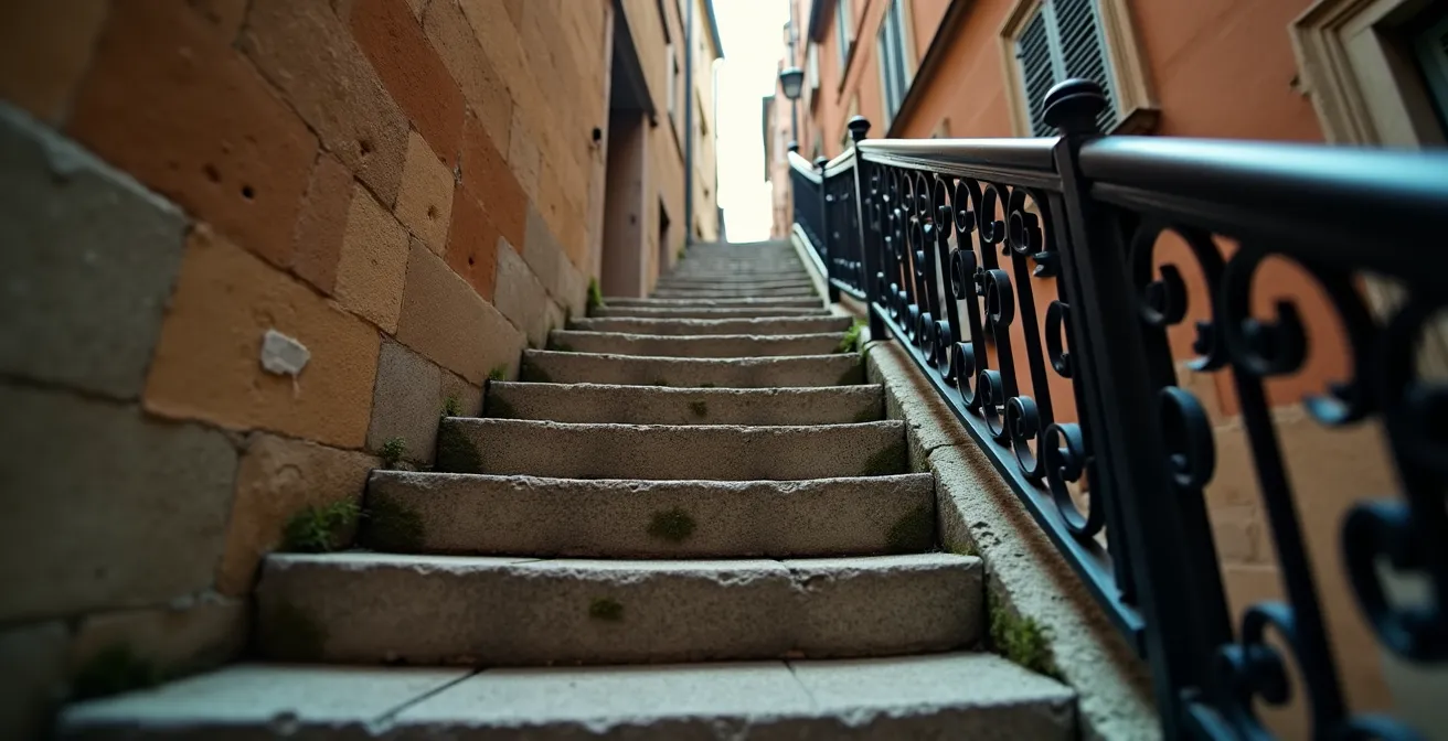 Détail architectural d'un escalier étroit typique de la Croix-Rousse à Lyon avec rampe en fer forgé