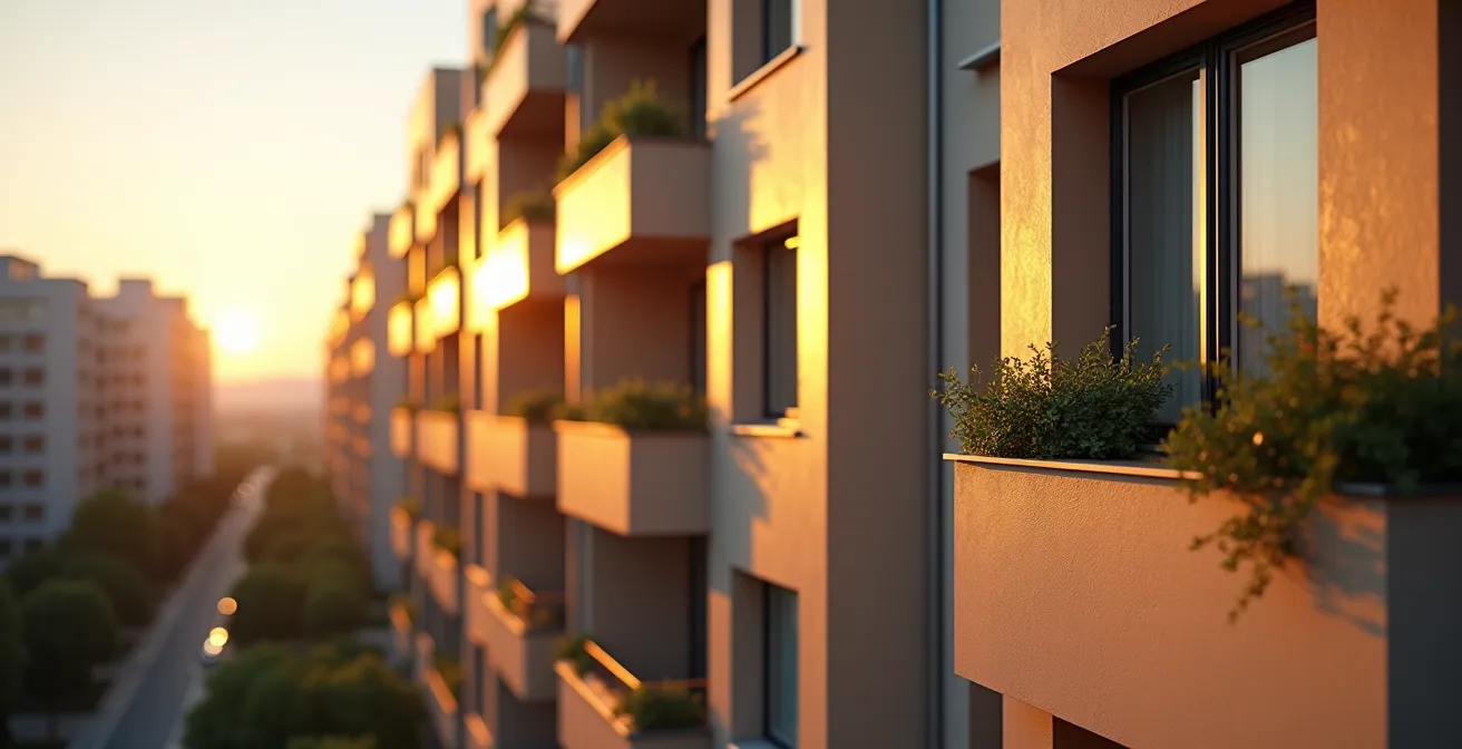 Vue d'ensemble d'une copropriété moderne avec façade rénovée sous ciel dégagé
