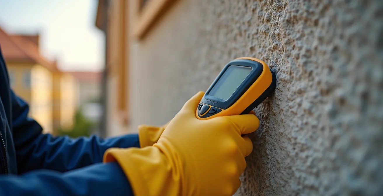 Professionnel réalisant une inspection visuelle de la façade d'un immeuble
