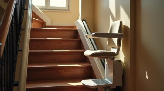 Illustration principale d'un monte-escalier installé dans un escalier intérieur typique lyonnais, avec un fauteuil élévateur design et moderne