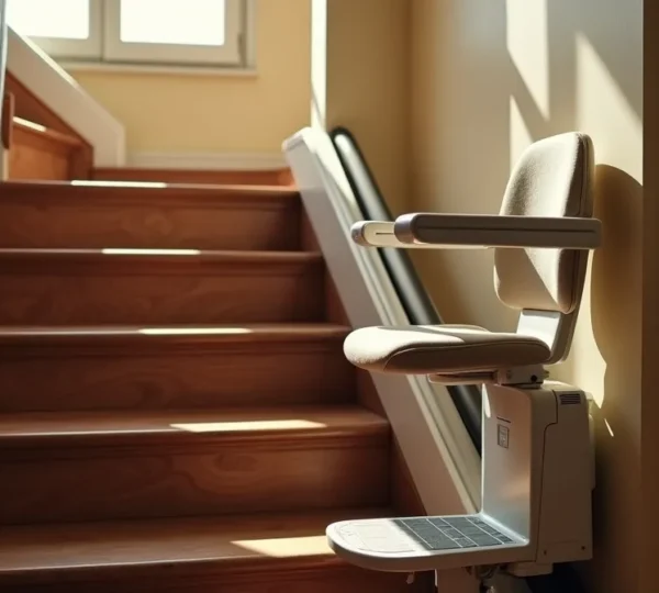 Illustration principale d'un monte-escalier installé dans un escalier intérieur typique lyonnais, avec un fauteuil élévateur design et moderne