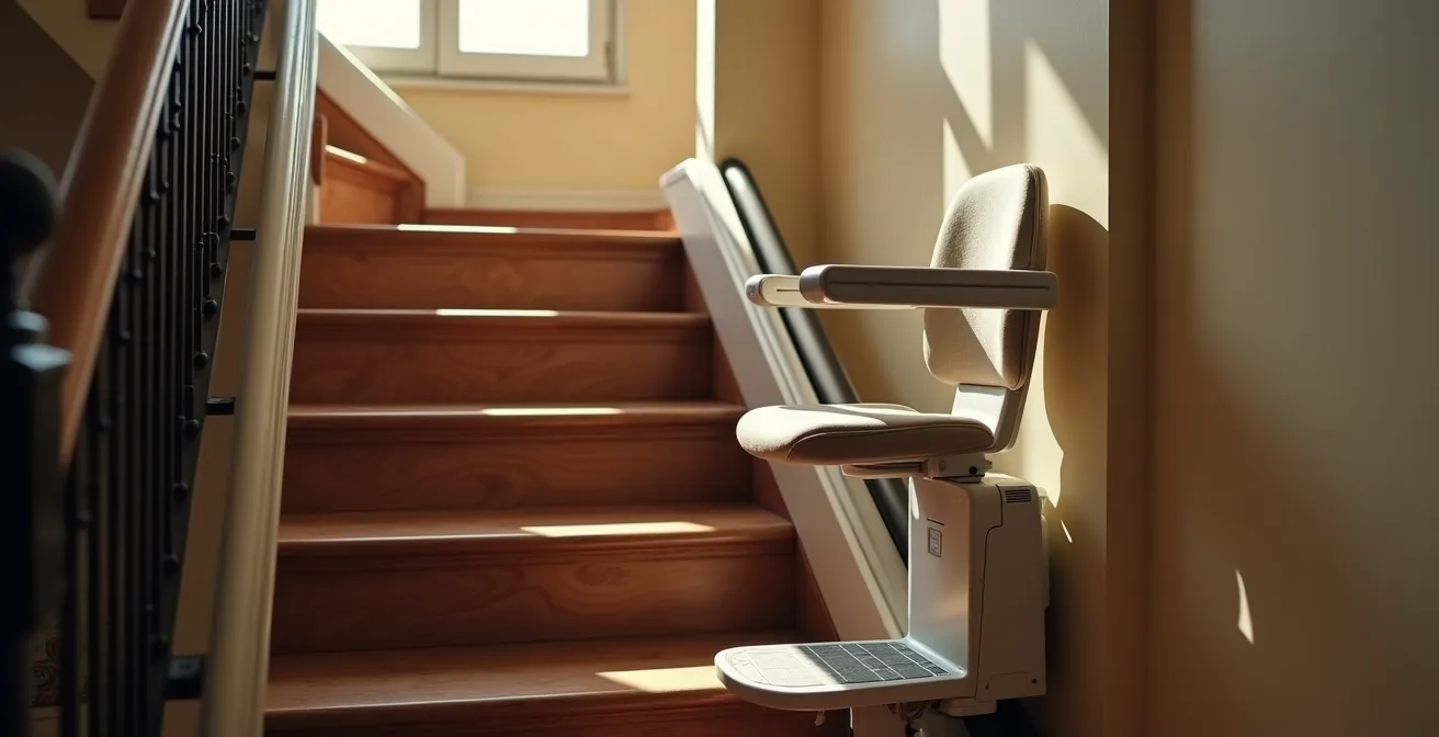 Illustration principale d'un monte-escalier installé dans un escalier intérieur typique lyonnais, avec un fauteuil élévateur design et moderne