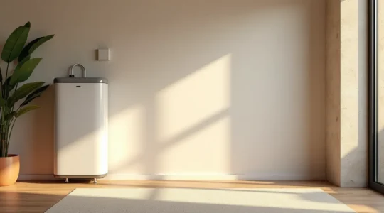 Photo réaliste d'une maison moderne avec un système de chauffage durable visible, lumière naturelle douce, ambiance chaleureuse et nette, fond épuré avec espace négatif
