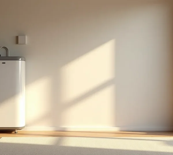 Photo réaliste d'une maison moderne avec un système de chauffage durable visible, lumière naturelle douce, ambiance chaleureuse et nette, fond épuré avec espace négatif