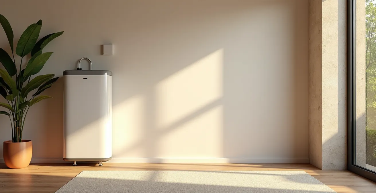 Photo réaliste d'une maison moderne avec un système de chauffage durable visible, lumière naturelle douce, ambiance chaleureuse et nette, fond épuré avec espace négatif