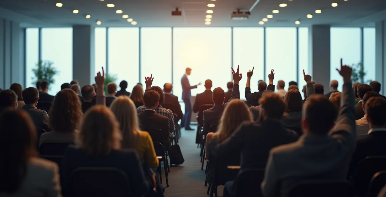 Vue large d'une assemblée générale de copropriété en plein vote