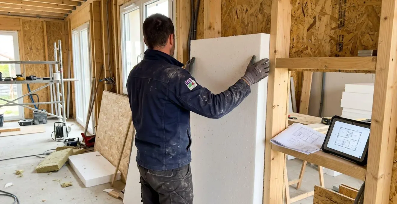Artisan RGE en tenue de travail installant des panneaux d'isolation sur un chantier de rénovation énergétique, vu de dos dans un environnement de construction contemporain