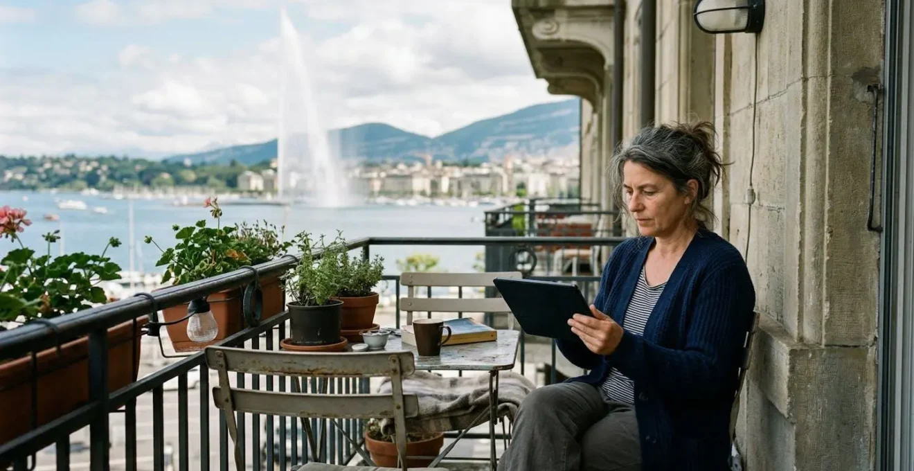 Une personne d'âge moyen consulte une tablette sur un balcon ensoleillé avec vue floue sur le lac Léman et le Jet d'eau de Genève en arrière-plan