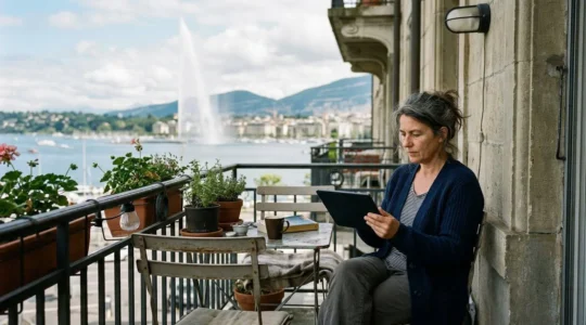 Une personne d'âge moyen consulte une tablette sur un balcon ensoleillé avec vue floue sur le lac Léman et le Jet d'eau de Genève en arrière-plan