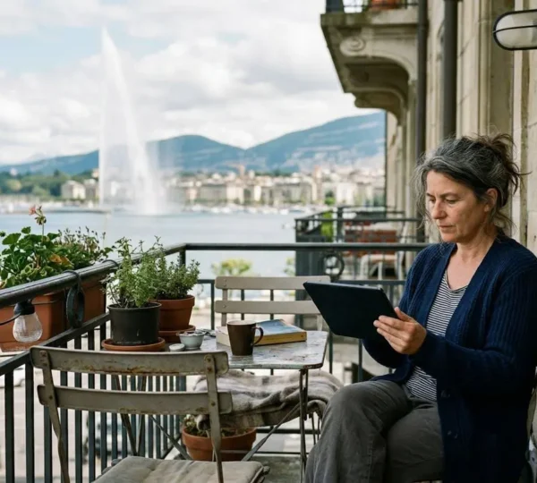 Une personne d'âge moyen consulte une tablette sur un balcon ensoleillé avec vue floue sur le lac Léman et le Jet d'eau de Genève en arrière-plan