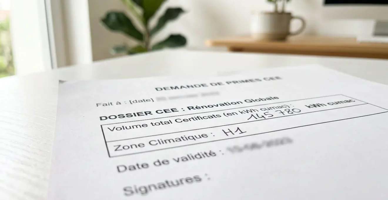 Gros plan sur un formulaire administratif CEE avec focus sur les champs kWh cumac et zone climatique, arrière-plan flouté, lumière naturelle latérale