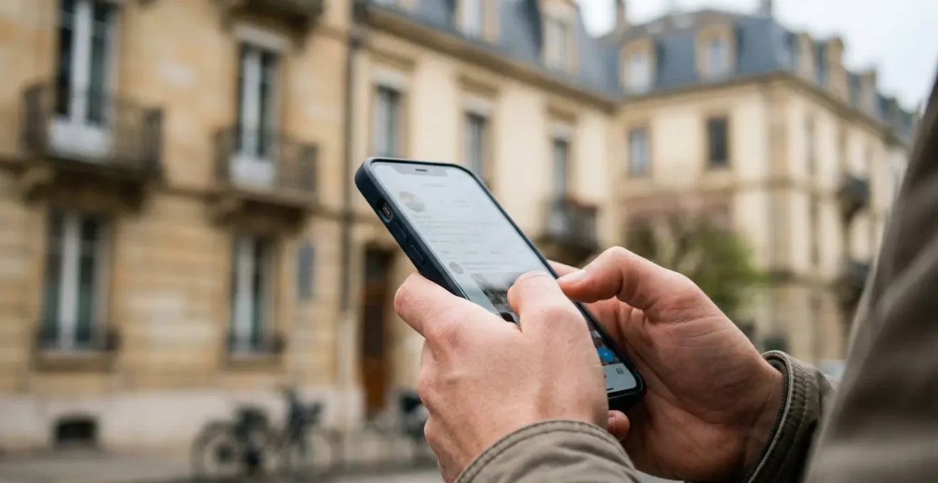 Gros plan sur des mains tenant un smartphone devant un immeuble résidentiel de style haussmannien typique de Genève avec écran flouté