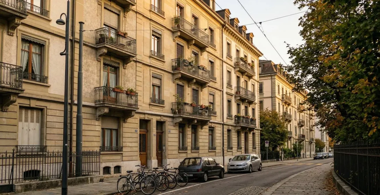 Vue extérieure d'une rue résidentielle typique du quartier des Eaux-Vives à Genève avec façades d'immeubles résidentiels contemporains en lumière naturelle