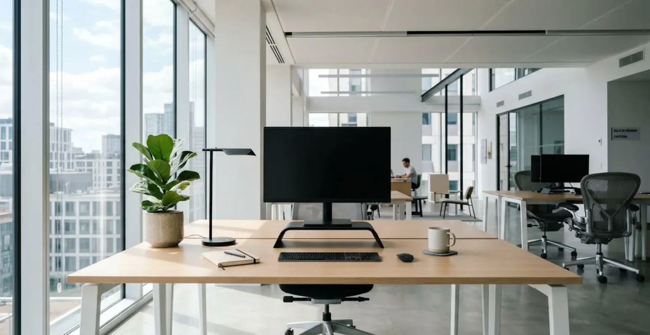 Bureau open-space contemporain lumineux avec poste de travail, écran d'ordinateur éteint, lampe design et plante verte