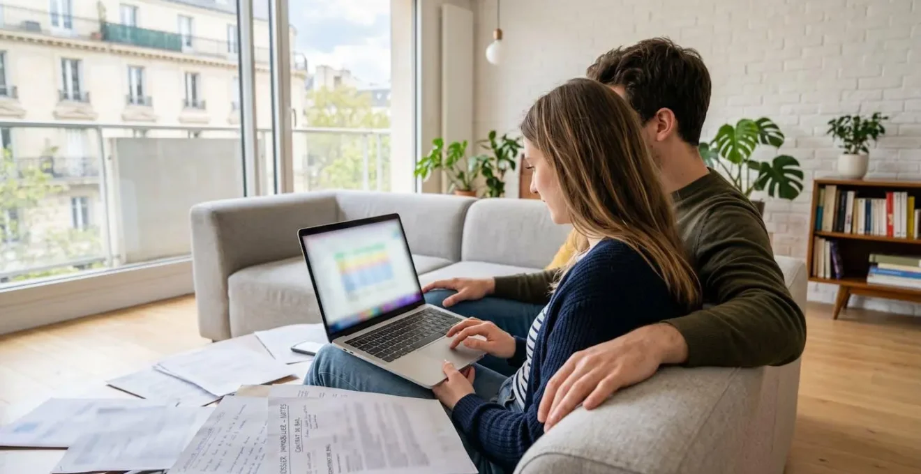 Un jeune couple assis côte à côte sur un canapé contemporain consulte ensemble un ordinateur portable dans un salon lumineux