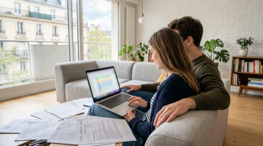 Un jeune couple assis côte à côte sur un canapé contemporain consulte ensemble un ordinateur portable dans un salon lumineux