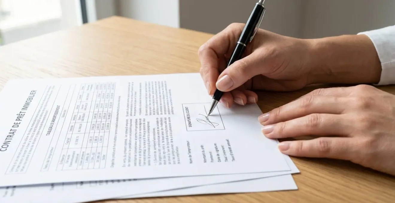 Gros plan sur des mains tenant un stylo au-dessus de documents financiers posés sur un bureau en bois clair