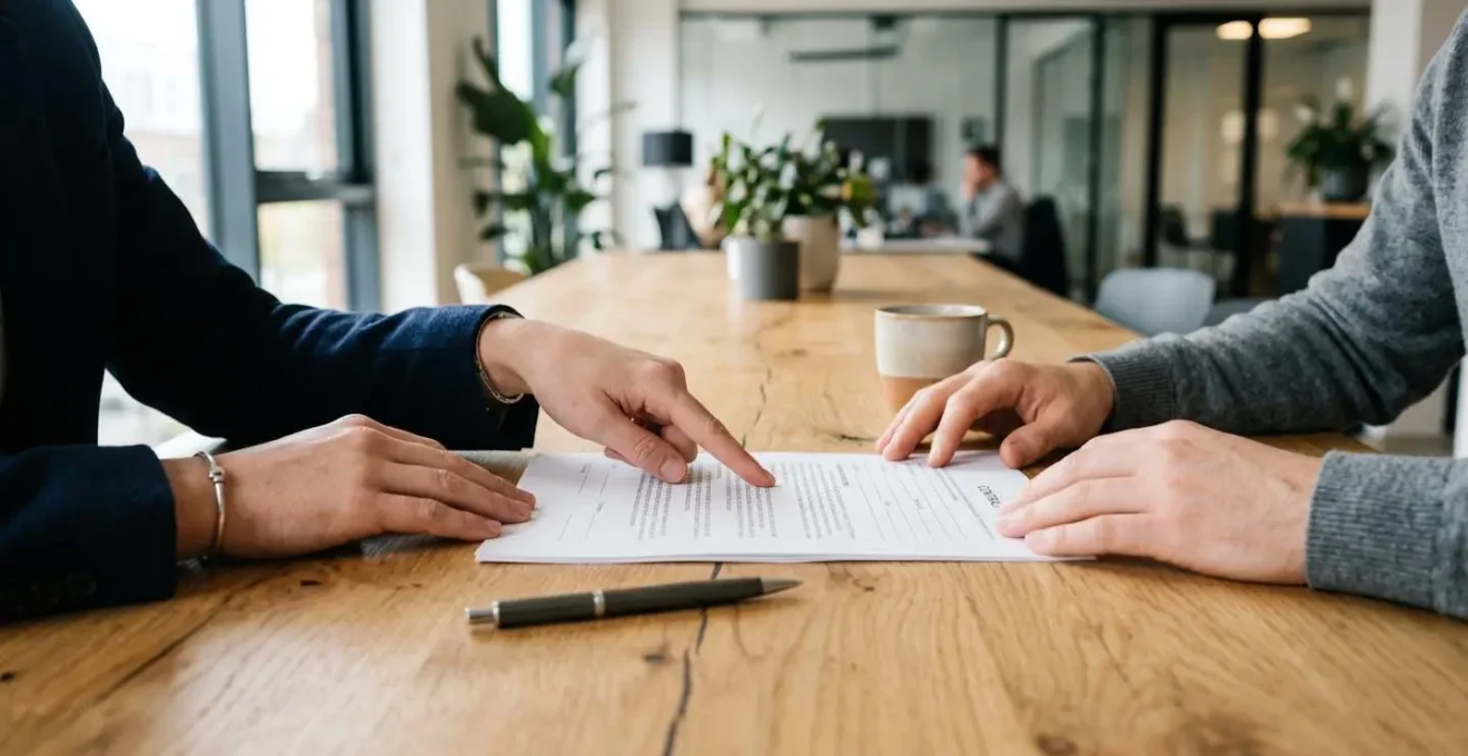 Mains d'un propriétaire et d'un conseiller immobilier au-dessus d'un contrat de mandat de gestion locative prêt à être signé