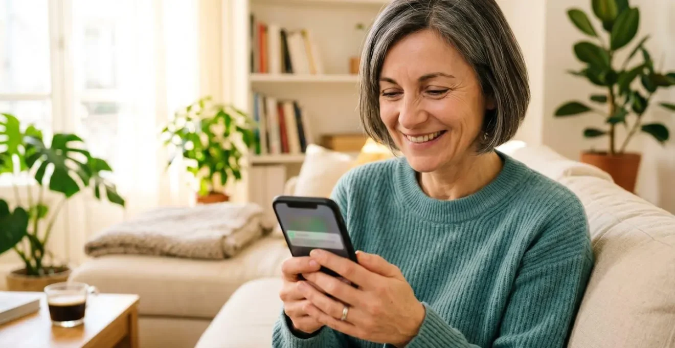 Propriétaire bailleur souriant vérifiant un virement de loyer sur son téléphone, symbole de revenus locatifs sécurisés