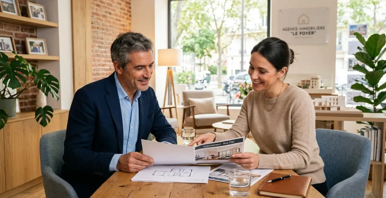 Propriétaire bailleur serein consultant un professionnel de la gestion locative dans une agence immobilière moderne