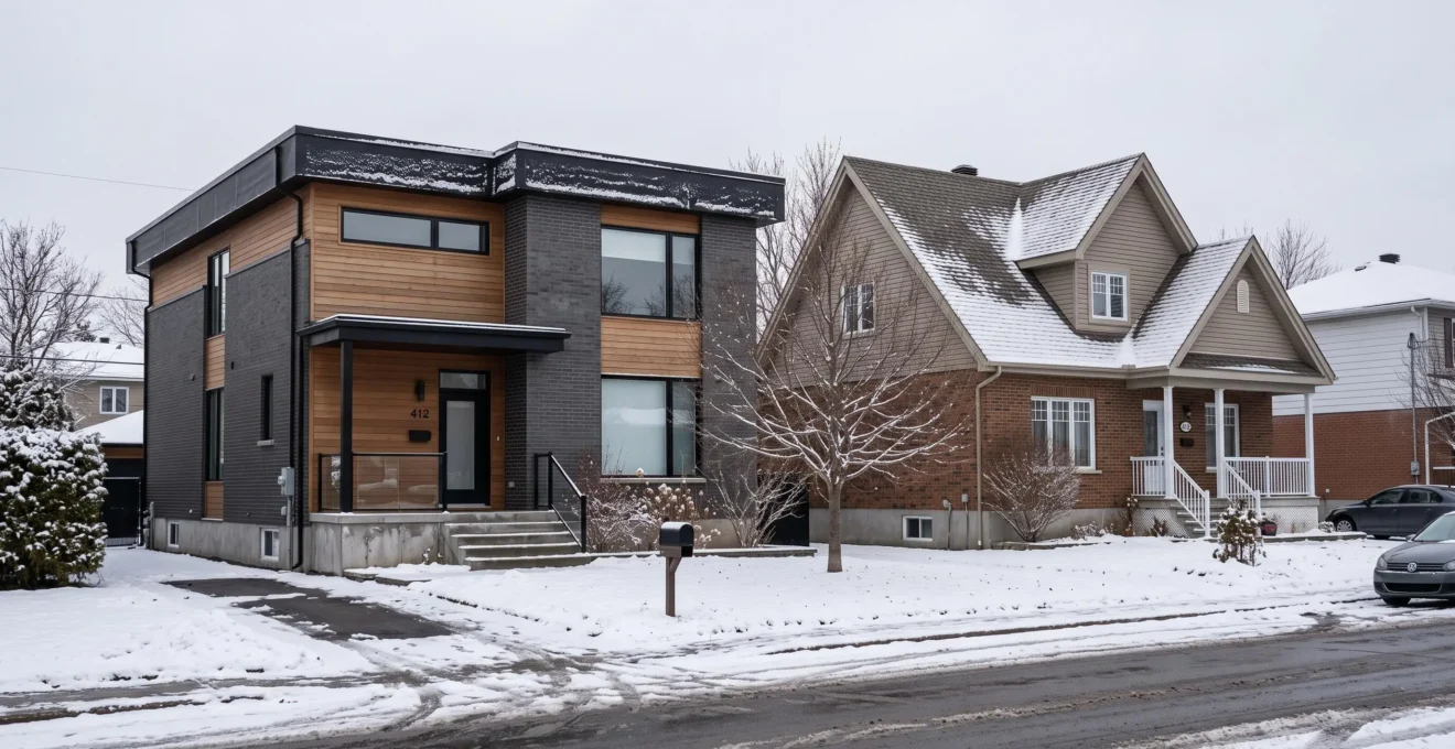 Deux maisons unifamiliales québécoises côte à côte dans un quartier résidentiel du Grand Montréal sous la neige, l'une avec toit plat membrane noire moderne, l'autre avec toit en pente traditionnel recouvert de bardeaux d'asphalte gris-brun