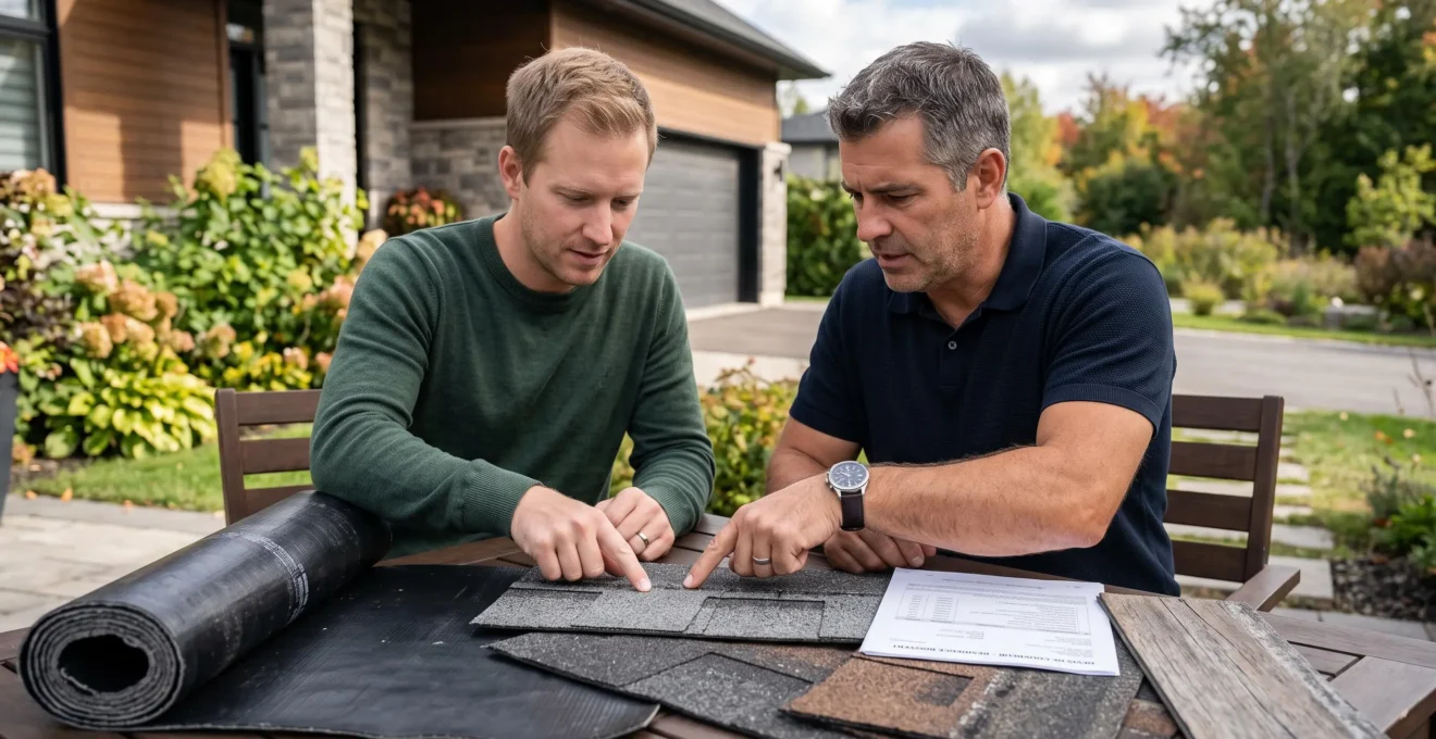 Entrepreneur certifié RBQ et propriétaire résidentiel québécois examinant ensemble des échantillons de membrane élastomère noire et de bardeaux d'asphalte posés sur une table lors d'une consultation professionnelle en extérieur