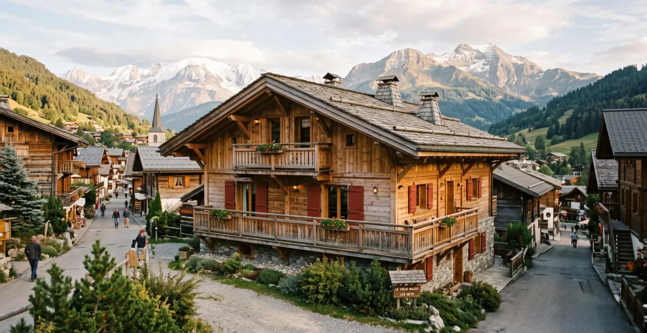 Chalet traditionnel savoyard avec facade en bois et balcons dans le village des Gets avec sommets montagneux en arrière-plan.