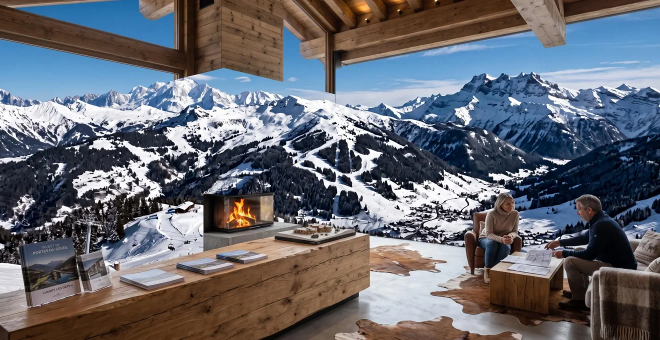 Vue large du domaine skiable des Portes du Soleil depuis Les Gets montrant les pistes alpines avec skieurs et paysage montagnard.
