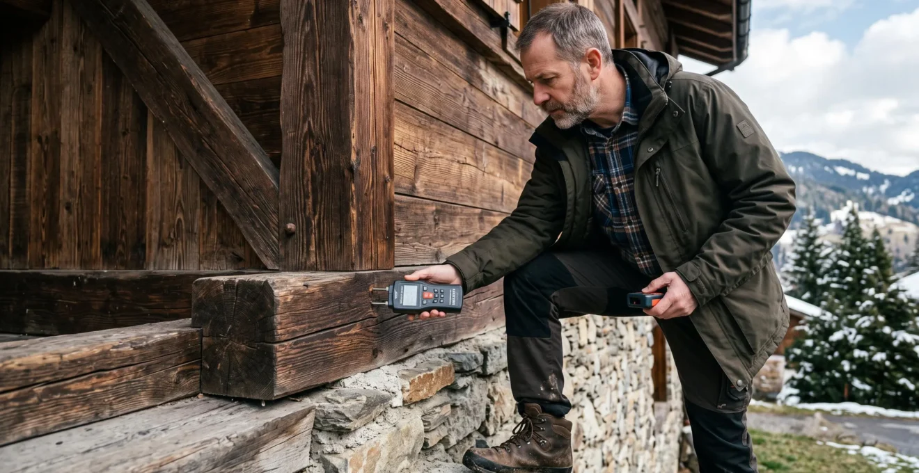 Expert immobilier inspectant la structure en bois et les fondations en pierre d'un chalet aux Gets.
