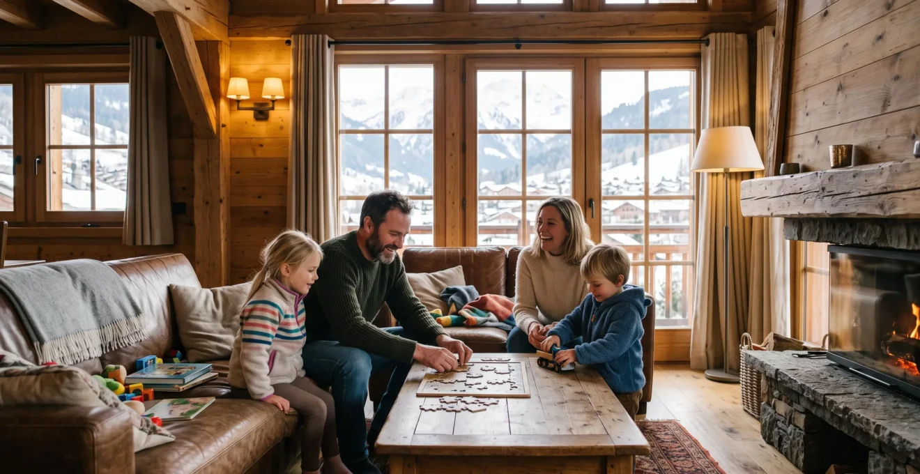 Famille en interaction naturelle dans le salon en bois d'un chalet traditionnel aux Gets avec vue sur les montagnes par les fenêtres.