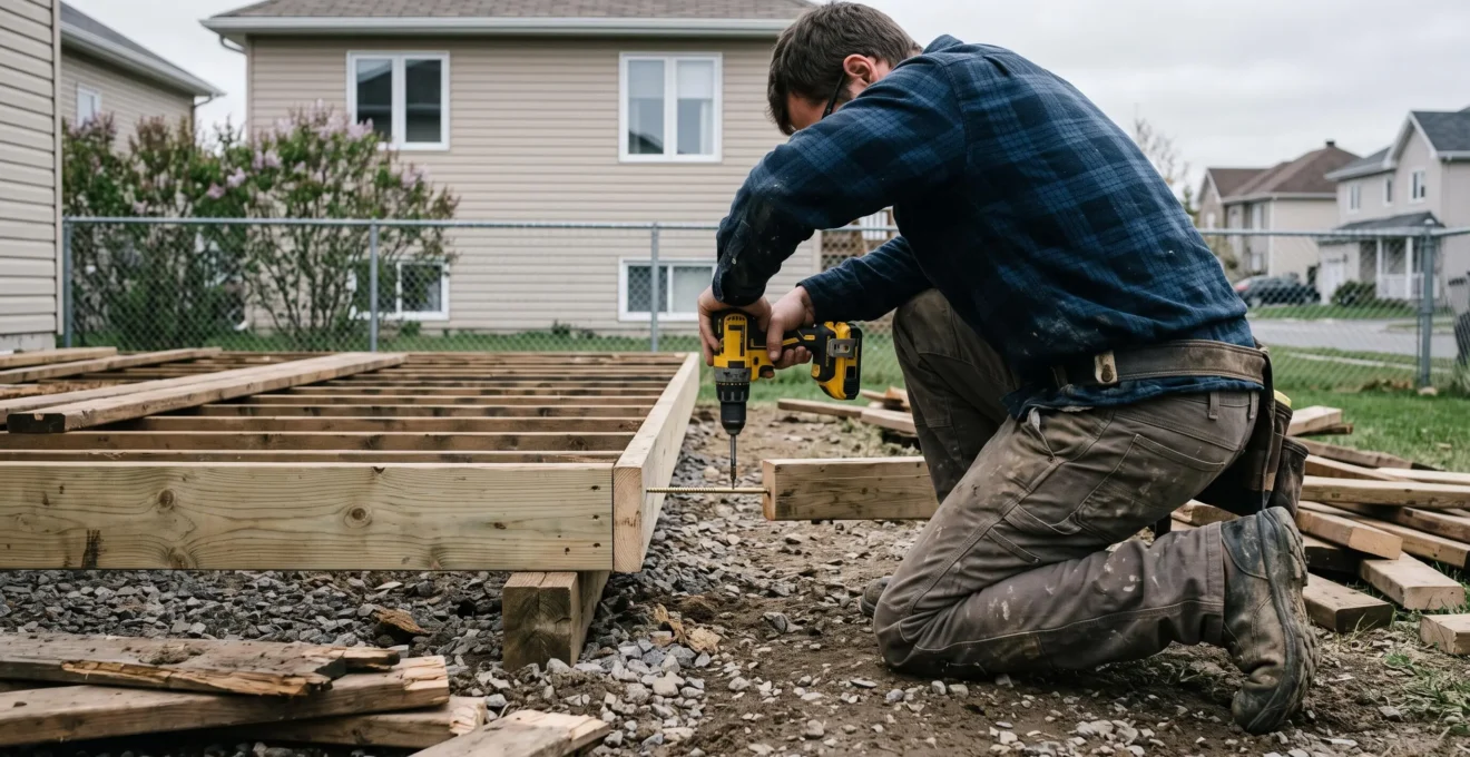 Un installateur visse une solive sur la nouvelle structure d'un patio en construction dans une cour résidentielle.