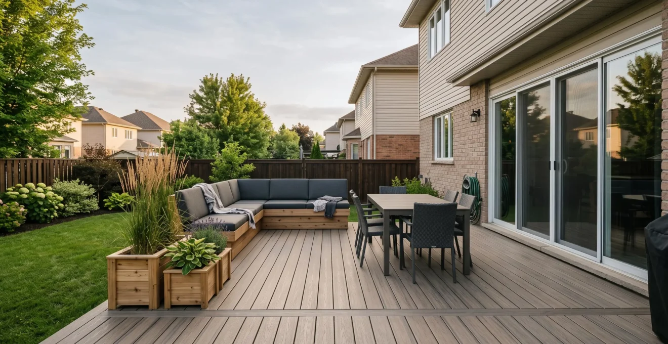 Un patio moderne en composite avec coin repas et bancs intégrés derrière une maison résidentielle au Québec.
