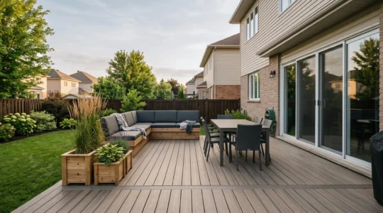 Un patio moderne en composite avec coin repas et bancs intégrés derrière une maison résidentielle au Québec.