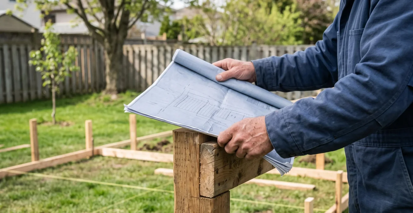 Des mains déroulent un plan d'aménagement contre un poteau de bois, avec des piquets et des cordeaux délimitant le futur patio.